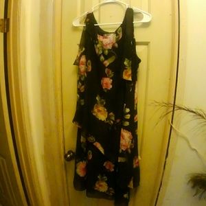 Mary McFadden black dress with pink flowers.